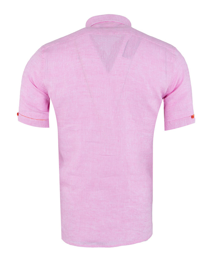 Pink Plain Linen Short Sleeve Shirt-Makrom