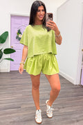 lime green striped knit short sleeve top and solid ruffle trimmed cotton shorts set