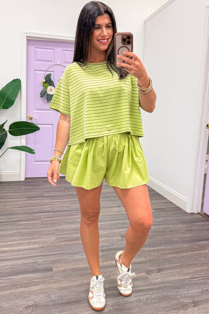 lime green striped knit short sleeve top and solid ruffle trimmed cotton shorts set