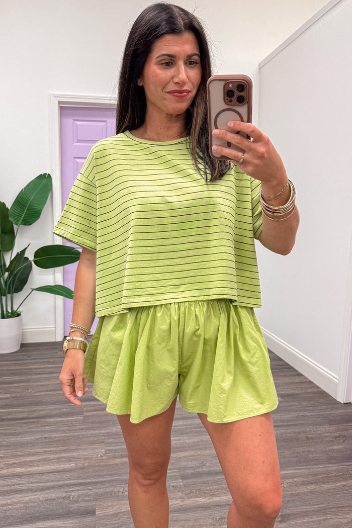lime green striped knit short sleeve crew neckline top and solid ruffle trimmed cotton shorts set