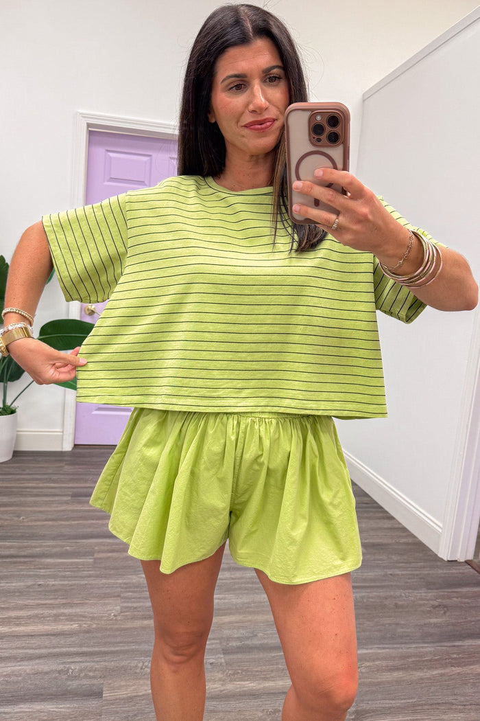lime green striped knit short sleeve boxy fit top and solid ruffle trimmed cotton shorts set