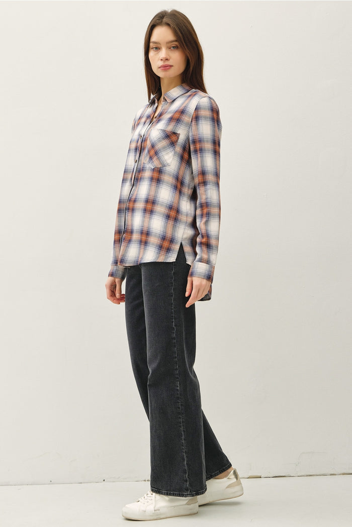 plaid button down top for women with split hem