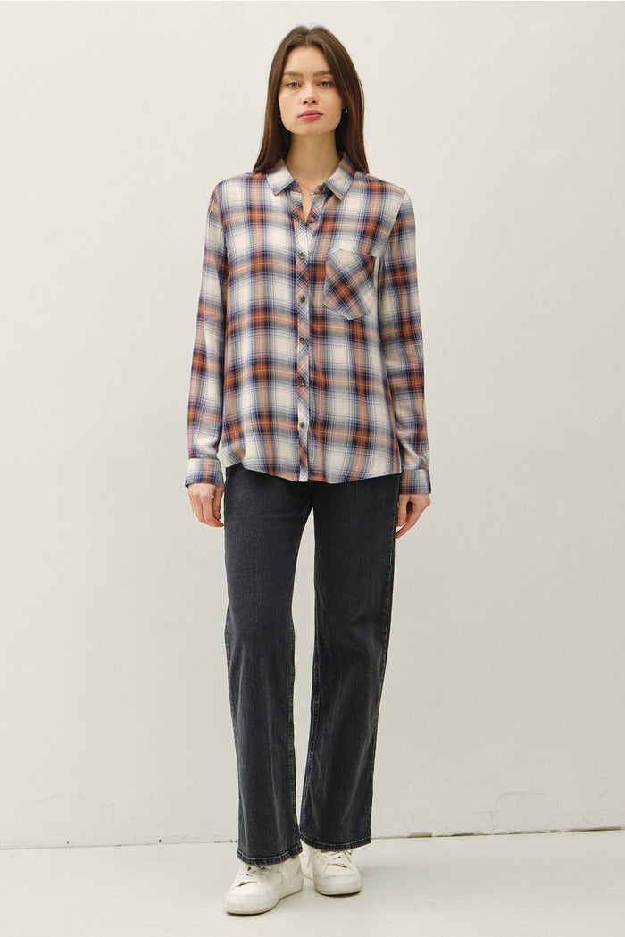 relaxed fit plaid button down top for women