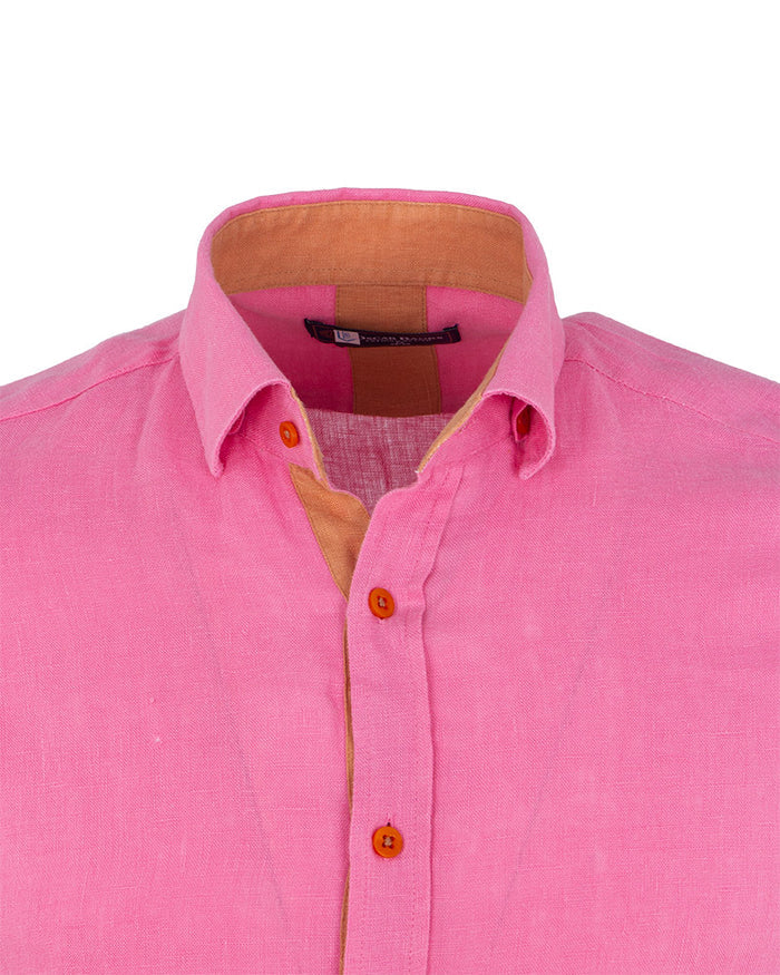 Plain Fuschia Linen Short Sleeve Shirt-Makrom