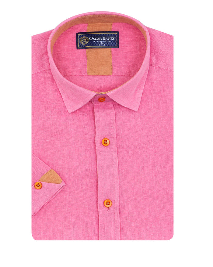 Plain Fuschia Linen Short Sleeve Shirt-Makrom