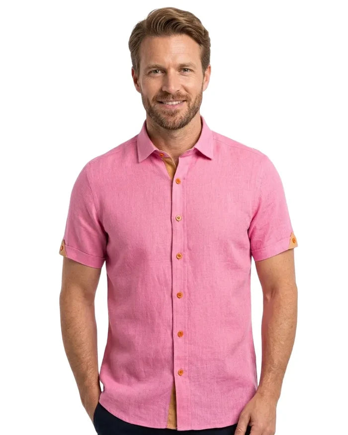 Plain Fuschia Linen Short Sleeve Shirt-Makrom