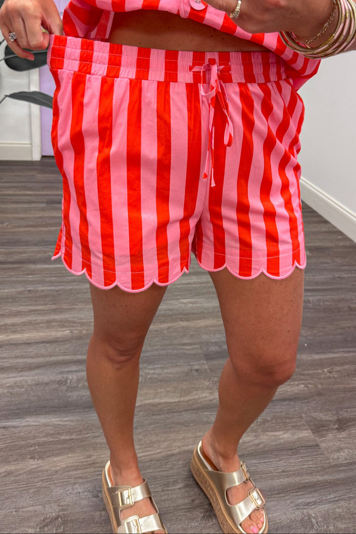 coral and pink striped scalloped hem elastic waistband drawstring shorts