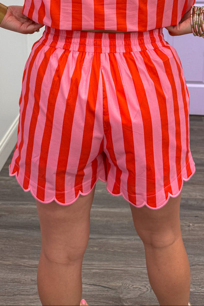 coral and pink striped embroidered scallop bottom hem shorts