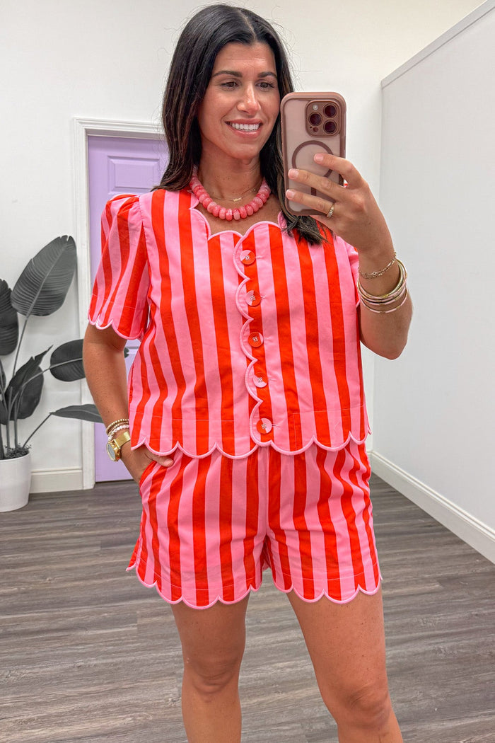 coral and pink vertical striped button front poplin cotton top