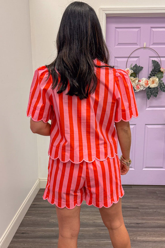 coral and pink vertical striped button front crew neckline poplin cotton top