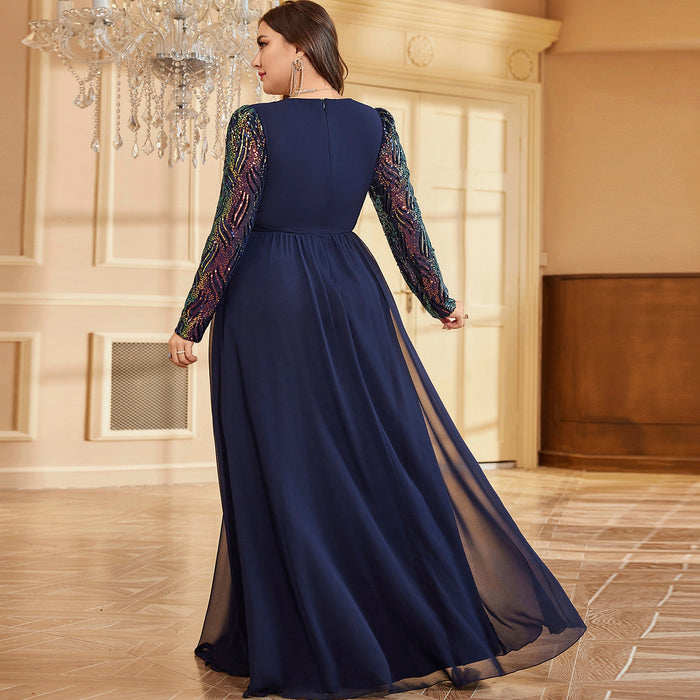 Plus Size Chiffon Long Sleeve Evening Dress Wedding Party Gown - Rosymae