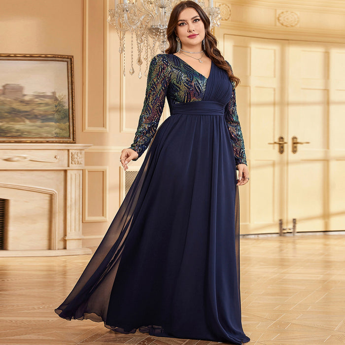 Plus Size Chiffon Long Sleeve Evening Dress Wedding Party Gown - Rosymae