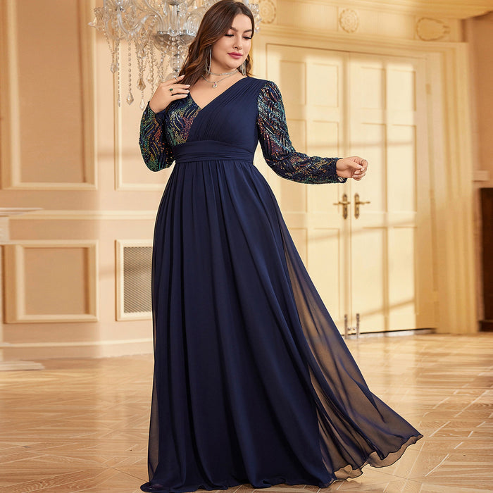 Plus Size Chiffon Long Sleeve Evening Dress Wedding Party Gown - Rosymae