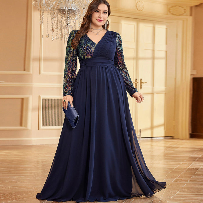 Plus Size Chiffon Long Sleeve Evening Dress Wedding Party Gown - Rosymae
