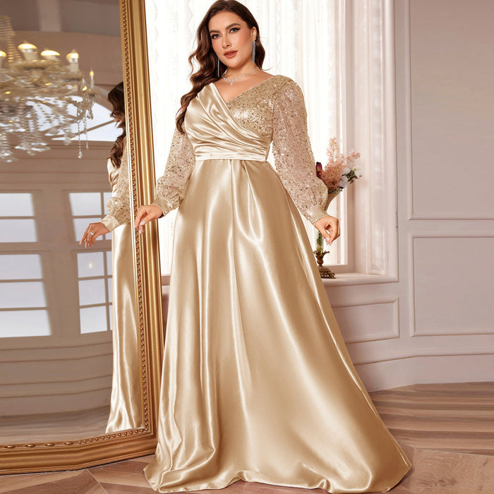 Plus Size Womens Satin Formal Dress Long Sleeves Sparkle Prom Gown - Rosymae