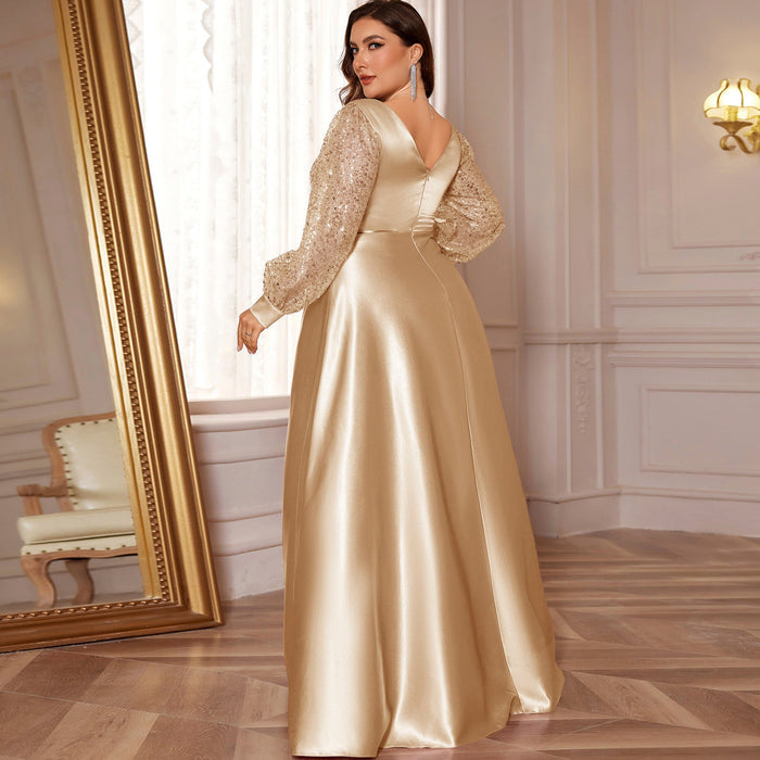 Plus Size Womens Satin Formal Dress Long Sleeves Sparkle Prom Gown - Rosymae