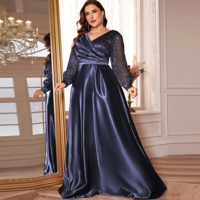 Plus Size Womens Satin Formal Dress Long Sleeves Sparkle Prom Gown - Rosymae