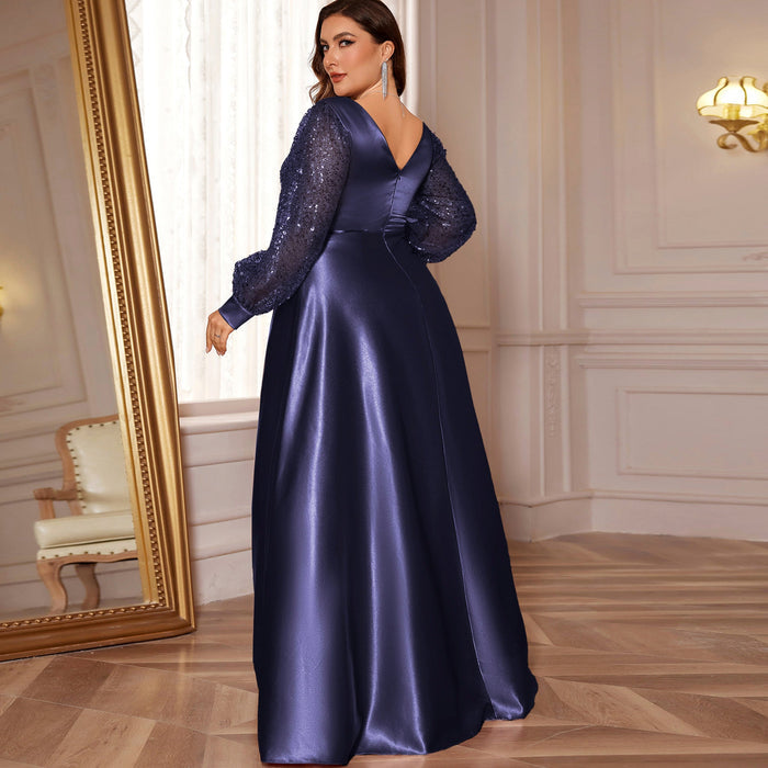Plus Size Womens Satin Formal Dress Long Sleeves Sparkle Prom Gown - Rosymae