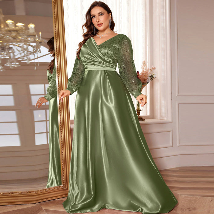 Plus Size Womens Satin Formal Dress Long Sleeves Sparkle Prom Gown - Rosymae