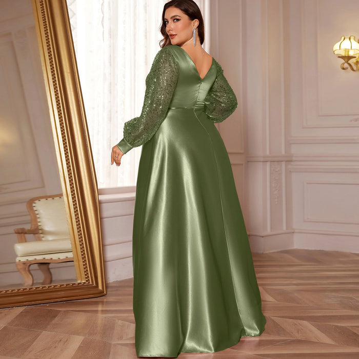 Plus Size Womens Satin Formal Dress Long Sleeves Sparkle Prom Gown - Rosymae
