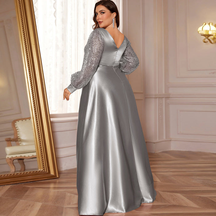 Plus Size Womens Satin Formal Dress Long Sleeves Sparkle Prom Gown - Rosymae