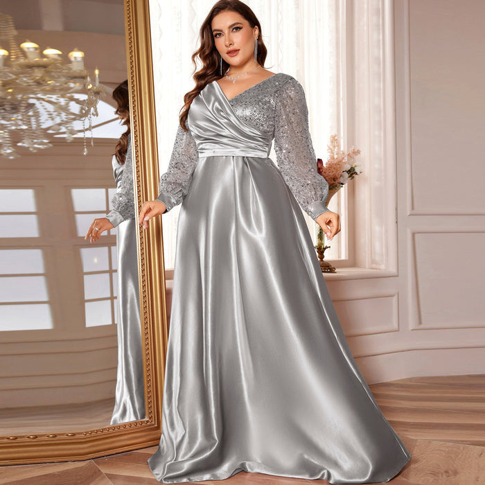 Plus Size Womens Satin Formal Dress Long Sleeves Sparkle Prom Gown - Rosymae