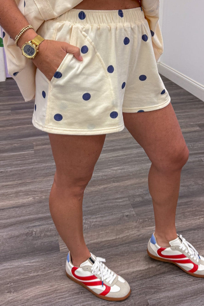 ivory with navy polka dot print terry knit shorts relaxed silhouette
