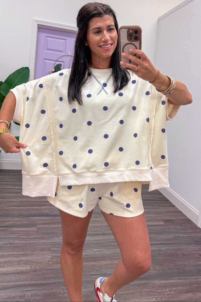 ivory with navy polka dot print terry knit dolman top relaxed silhouette