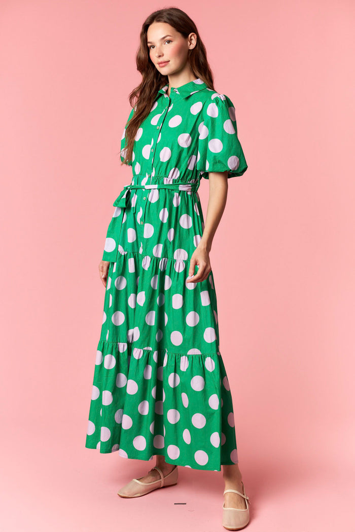 Women's green and pink polka dot midi dress with self tie belt