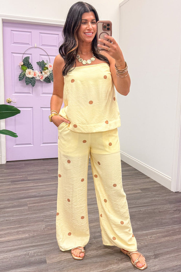pale yellow with brown polka dot print strapless lightweight top