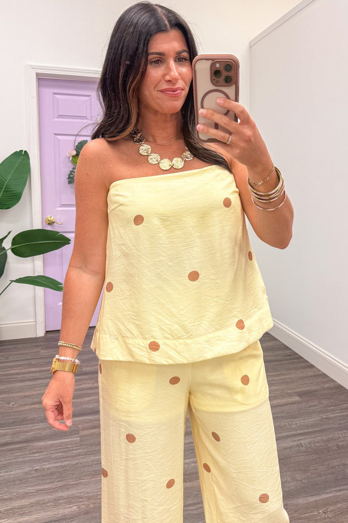 pale yellow with light brown polka dot print square neckline strapless top