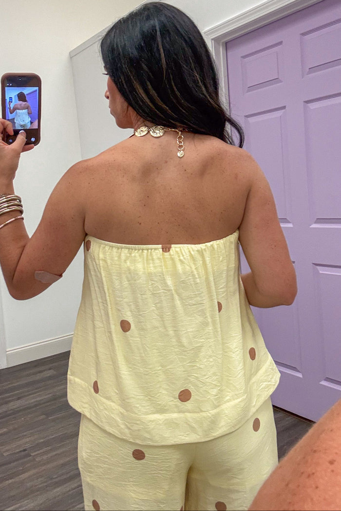 pale yellow with brown polka dot strapless lightweight top back view