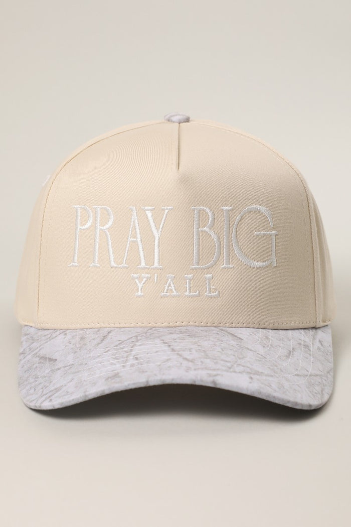 Pray Big Y'all canvas trucker hat in white camo and beige by Fashion City.