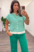 green and cream striped sleeveless button front semi-cropped knit top