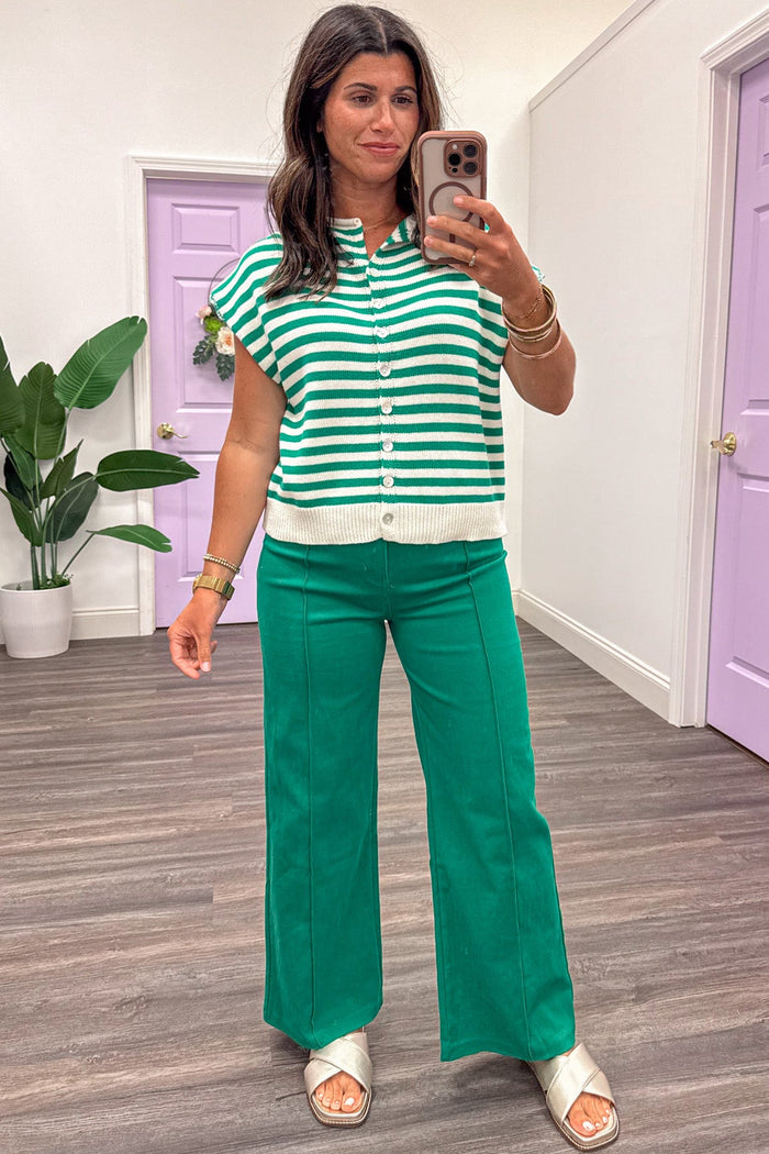 green and cream striped sleeveless button front semi-cropped cotton knit top