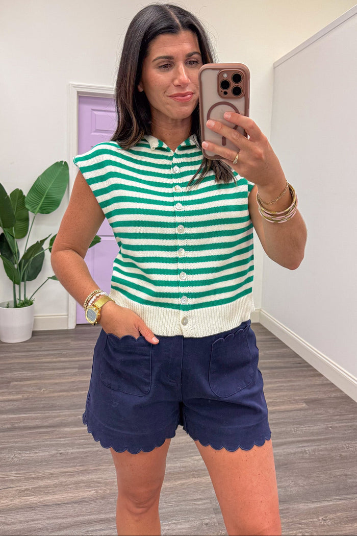green and cream horizontal striped button front knit top