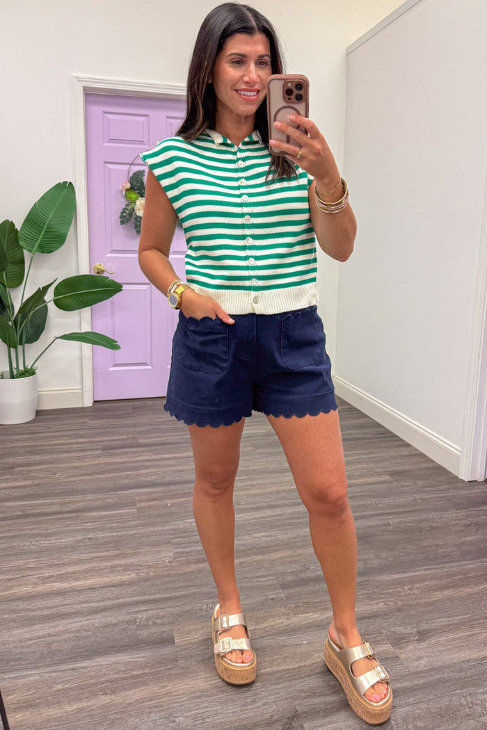green and cream horizontal striped button front closure knit top