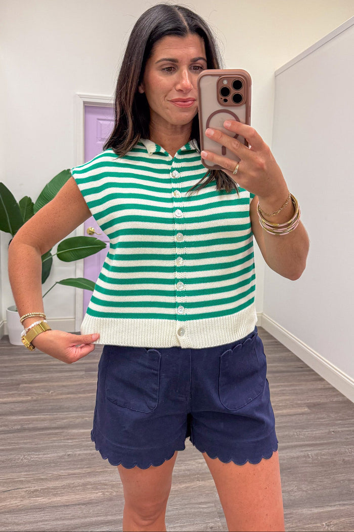 green and cream horizontal striped button front semi-cropped knit top