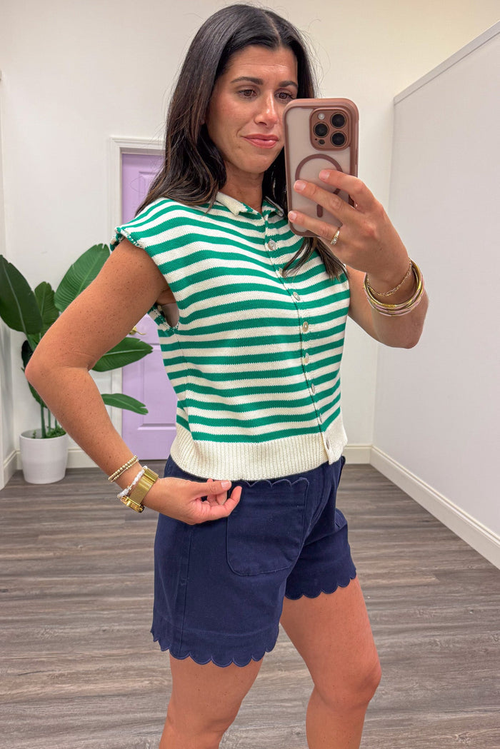 green and cream horizontal striped button front v neckline knit top