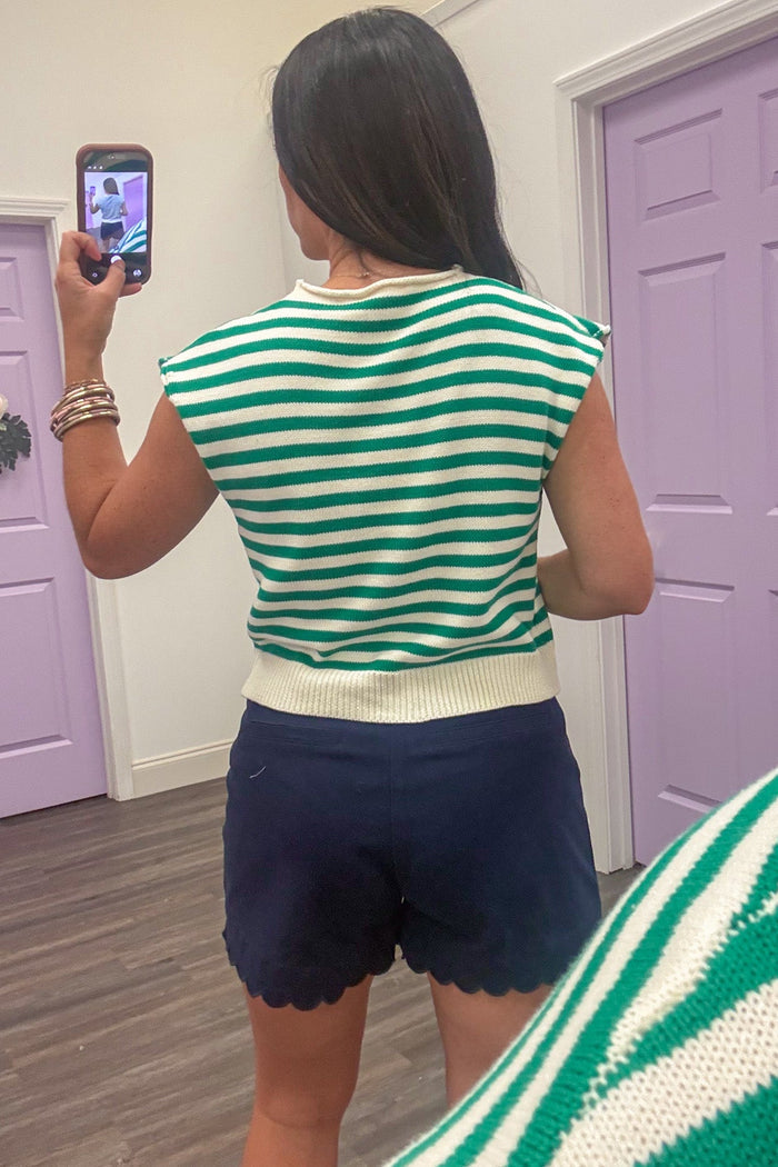 green and cream horizontal striped button front sleeveless knit top