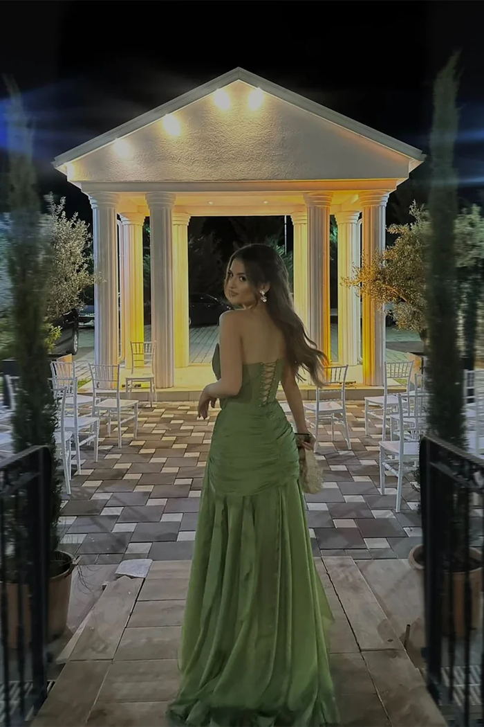 Pretty Moss Sweetheart Strapless Sleeveless Chiffon Prom Dresses Long Ruffle With Lace-Up Back