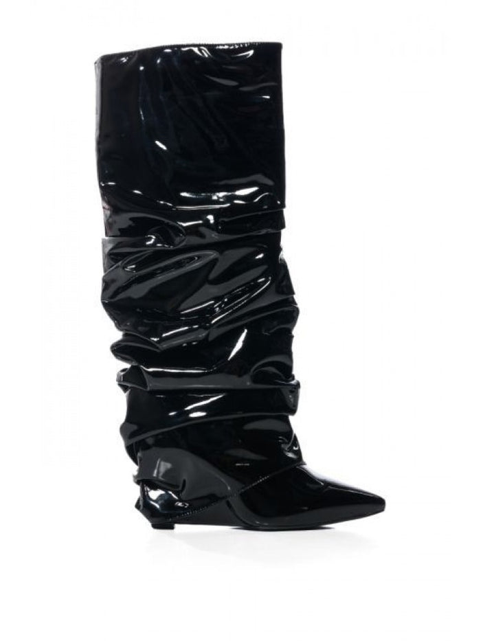PU Ruched Stacked Wedge Thigh-High Boots