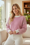 Pull ample à bords contrastés en tricot texturé à rayures rose vif