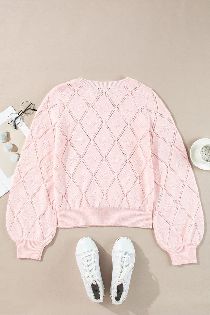 Pull court à manches bouffantes et carreaux ajourés rose Gossamer