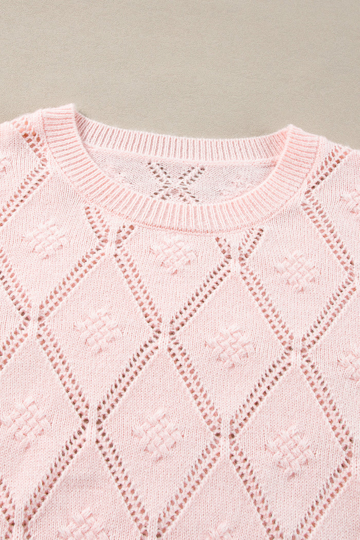 Pull court à manches bouffantes et carreaux ajourés rose Gossamer