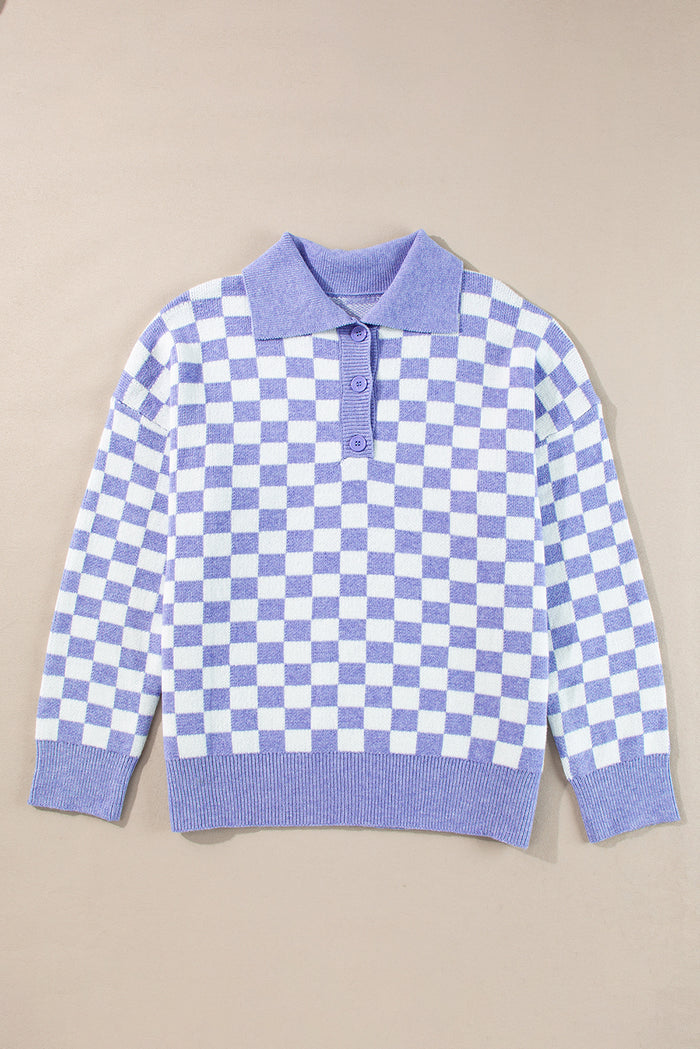 Pull violet à carreaux et boutons, grande taille