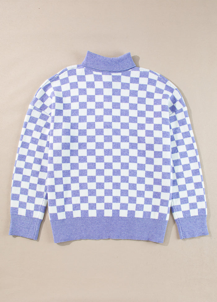 Pull violet à carreaux et boutons, grande taille
