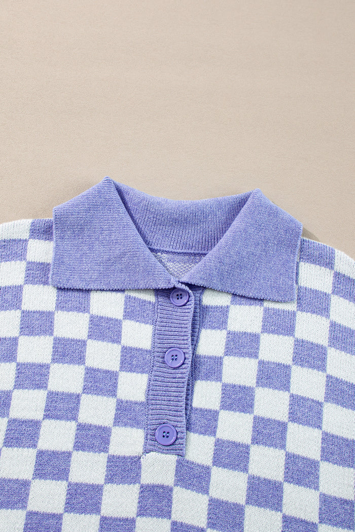 Pull violet à carreaux et boutons, grande taille