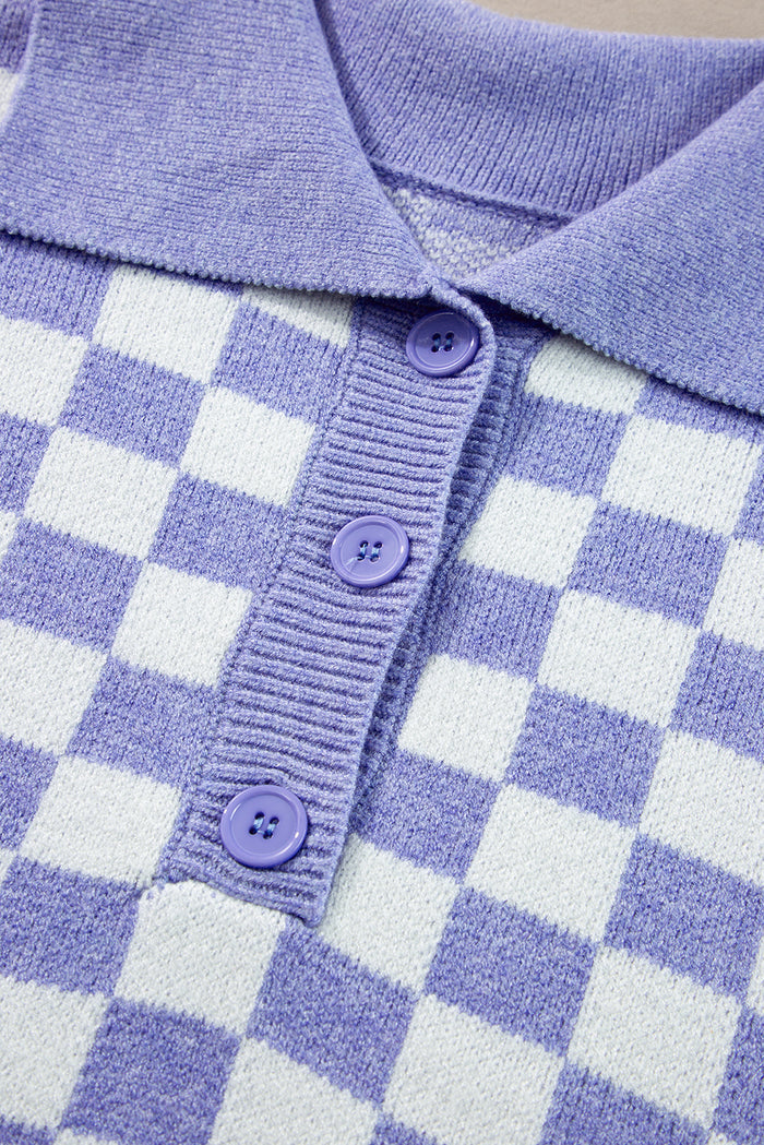 Pull violet à carreaux et boutons, grande taille