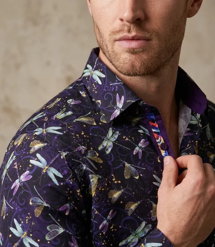 Purple Dragonfly Print Shirt with Matching Handkerchief